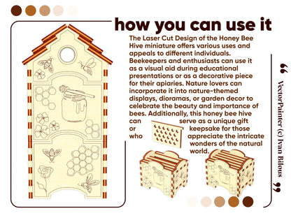 Miniature Honey Bee Hive Laser Cut Design - Elegant Hive Structure with Removable Honeycombs and Intricate Honeybee Artwork