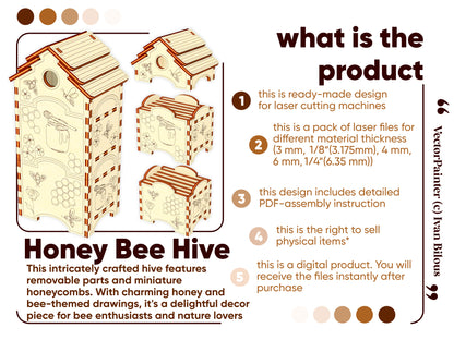 Honey Bee Hive Laser Cut Miniature - Exquisite Design with Removable Honeycombs and Charming Bee-inspired Patterns