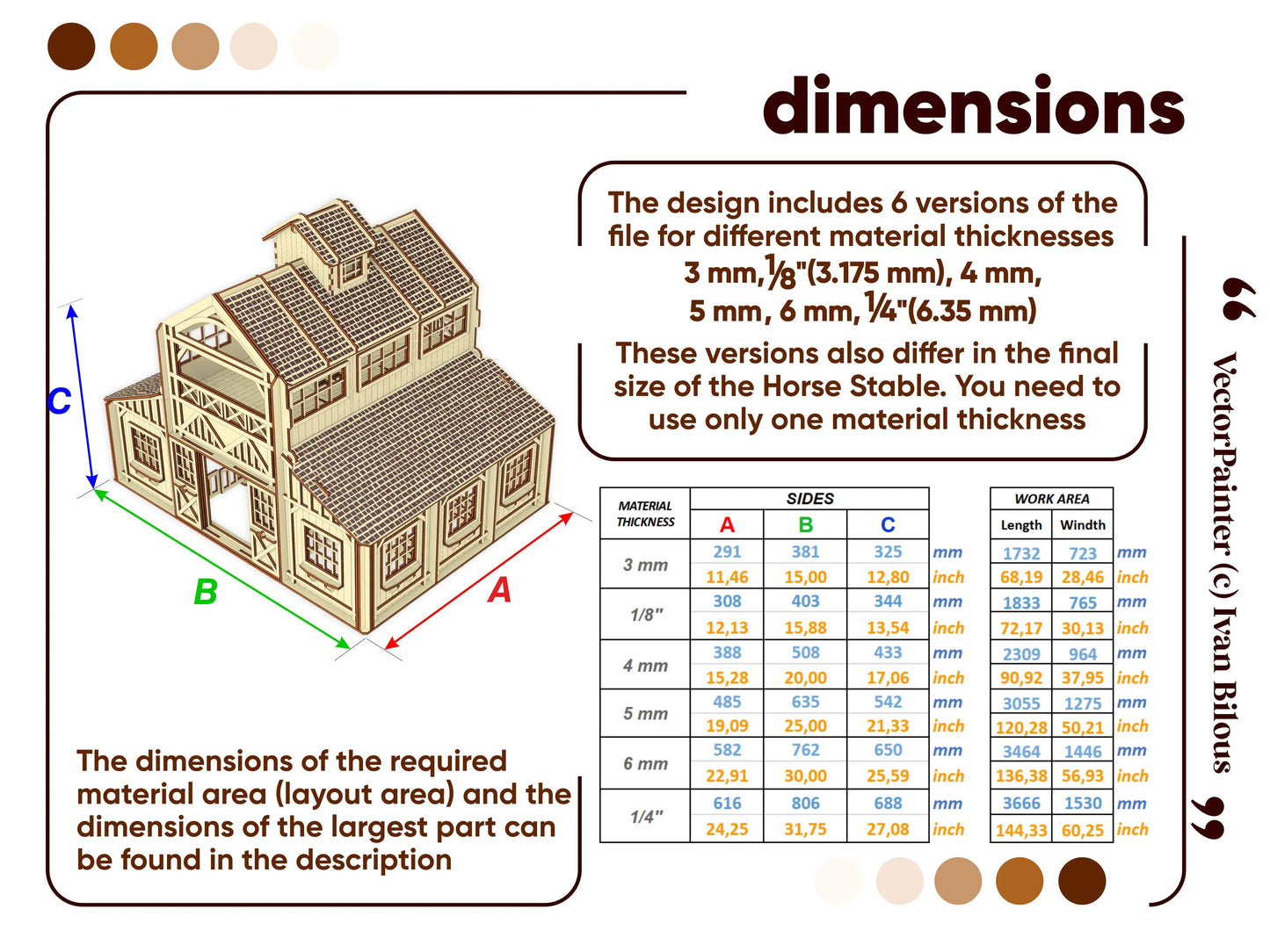 Dimension chart infographic featuring a size table for various material thicknesses of a laser cut plywood horse stable.