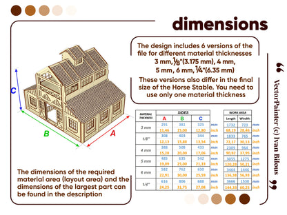 Dimension chart infographic featuring a size table for various material thicknesses of a laser cut plywood horse stable.
