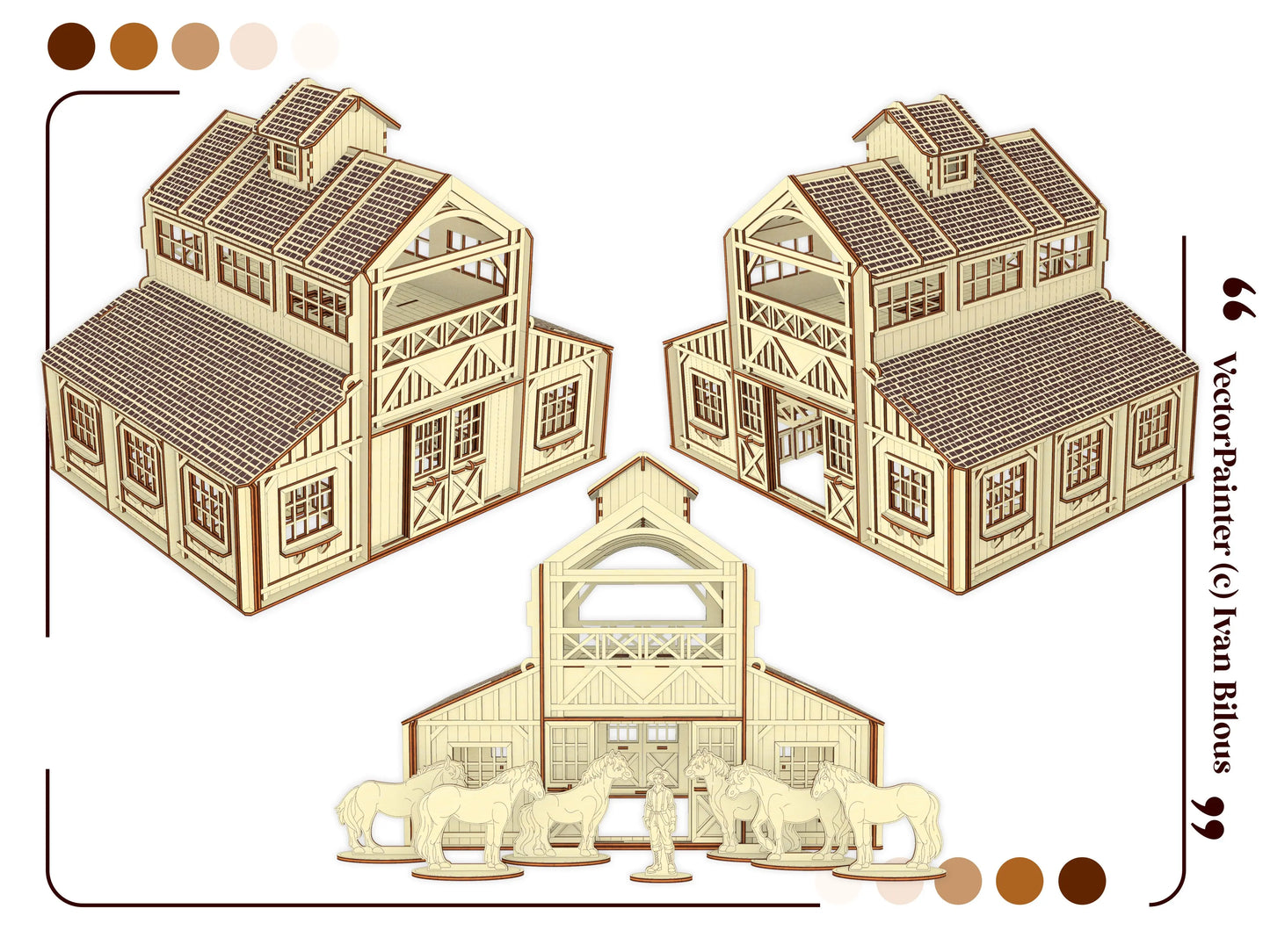 Multi-angle graphic render views showcasing the exterior layouts and horse figures for a laser cut plywood stable kit.