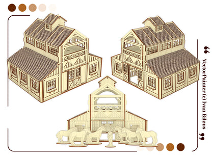 Multi-angle graphic render views showcasing the exterior layouts and horse figures for a laser cut plywood stable kit.