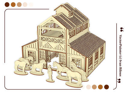 Detailed 3D render view of a laser cut plywood horse stable model with miniature horse and human figures out front.