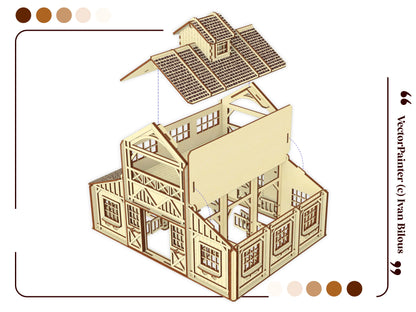 Exploded 3D render view showing a detachable roof and inner walls of an intricate laser cut plywood horse stable barn.