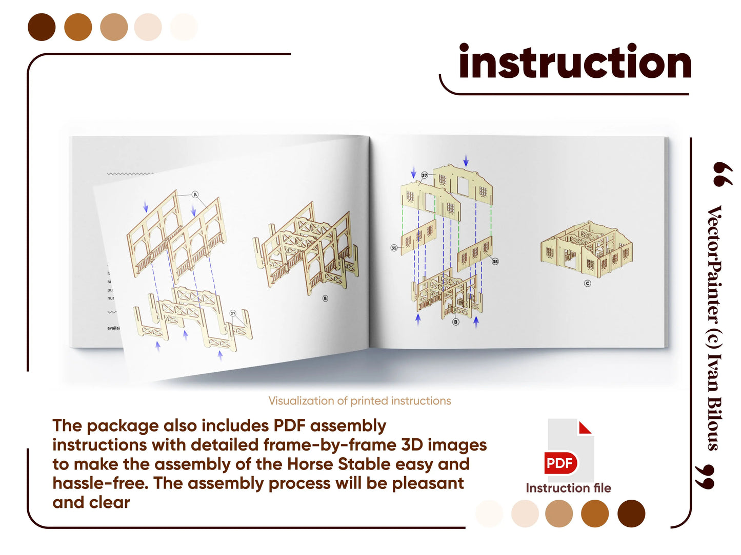 Graphic layout of an open PDF booklet detailing 3D step-by-step assembly instructions for a laser cut plywood horse stable.
