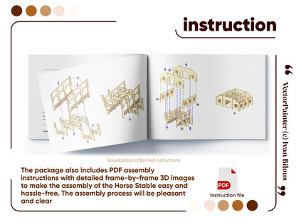 Graphic layout of an open PDF booklet detailing 3D step-by-step assembly instructions for a laser cut plywood horse stable.