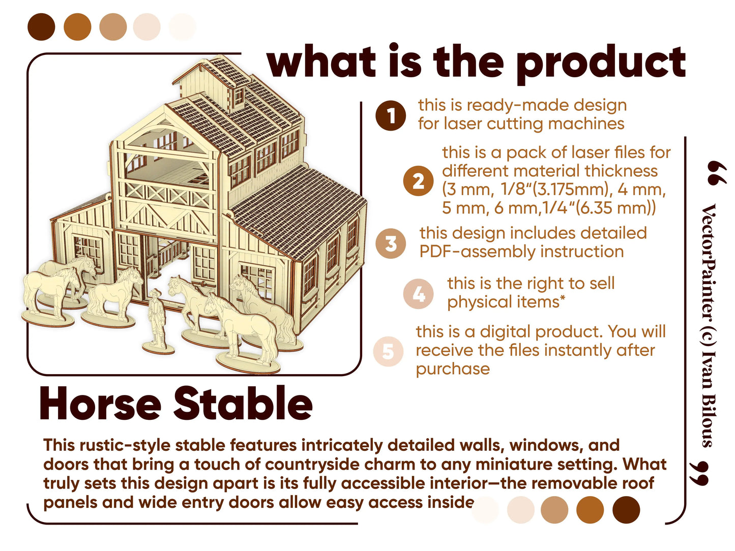 Product feature infographic listing digital file details next to a 3D graphic of a laser cut plywood horse stable barn.