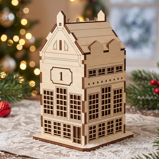 Laser cut plywood miniature town house gift box with engraved number one, styled on a snowy cloth with a holiday tree.