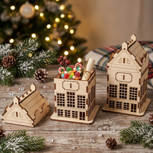 Laser cut plywood Christmas advent calendar house box filled with candies and a scroll, next to a festive bokeh tree.