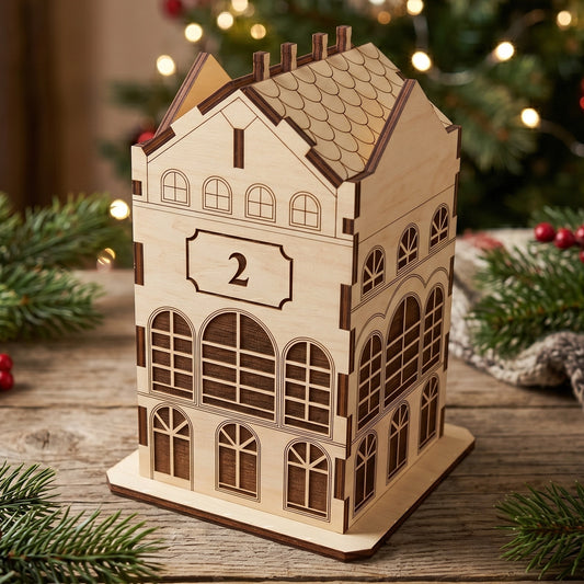 Miniature laser cut plywood town house gift box with arched windows and number two, styled on a rustic wooden tabletop.