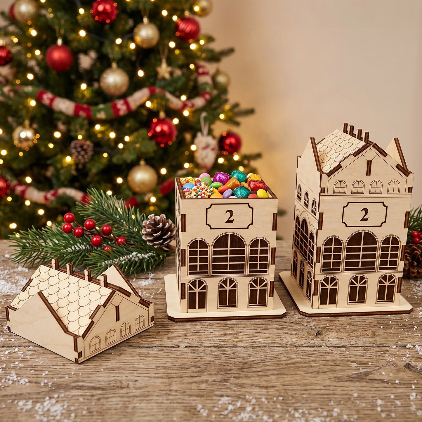 Laser cut plywood Christmas house box with engraved number two, filled with colorful candies near a festive bokeh tree.