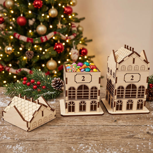 Laser cut plywood Christmas house box with engraved number two, filled with colorful candies near a festive bokeh tree.