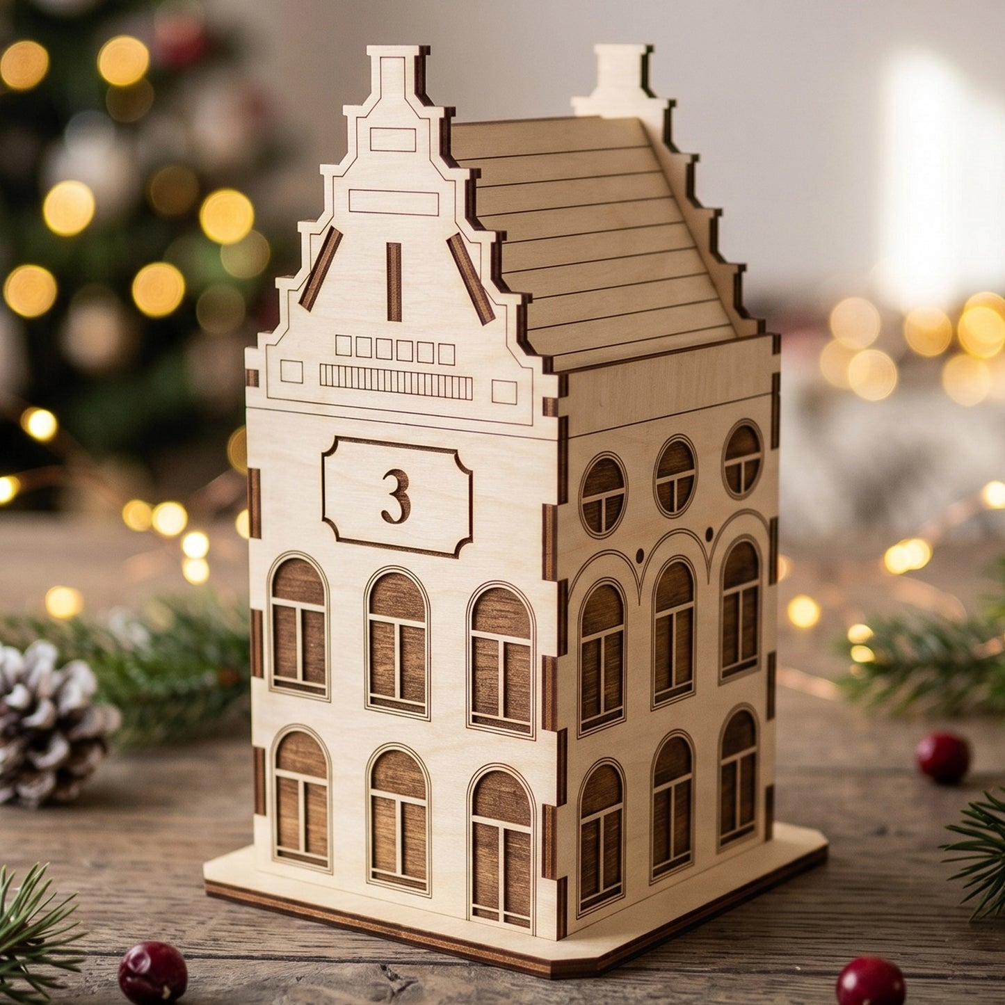 Miniature laser cut plywood town house gift box with a stepped gable roof and number three on a rustic wooden table.