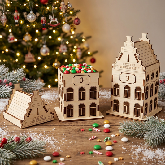 Laser cut plywood Christmas house box with engraved number three, filled with sweets near a blurred holiday tree.