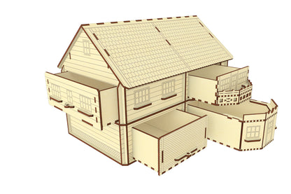 House with pull-out rooms-shelves