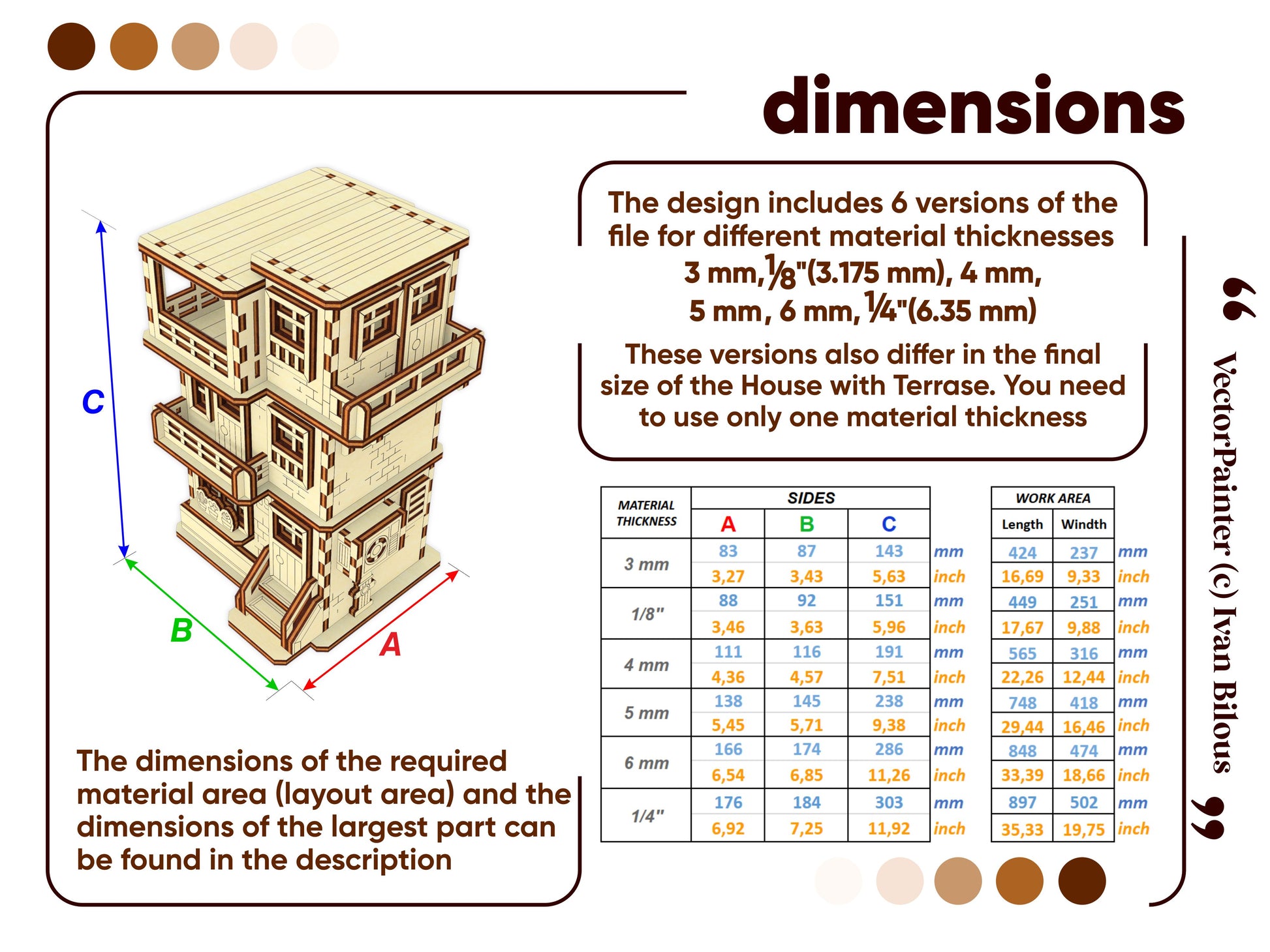 Wooden house model with dimensions and material thickness information on a white background