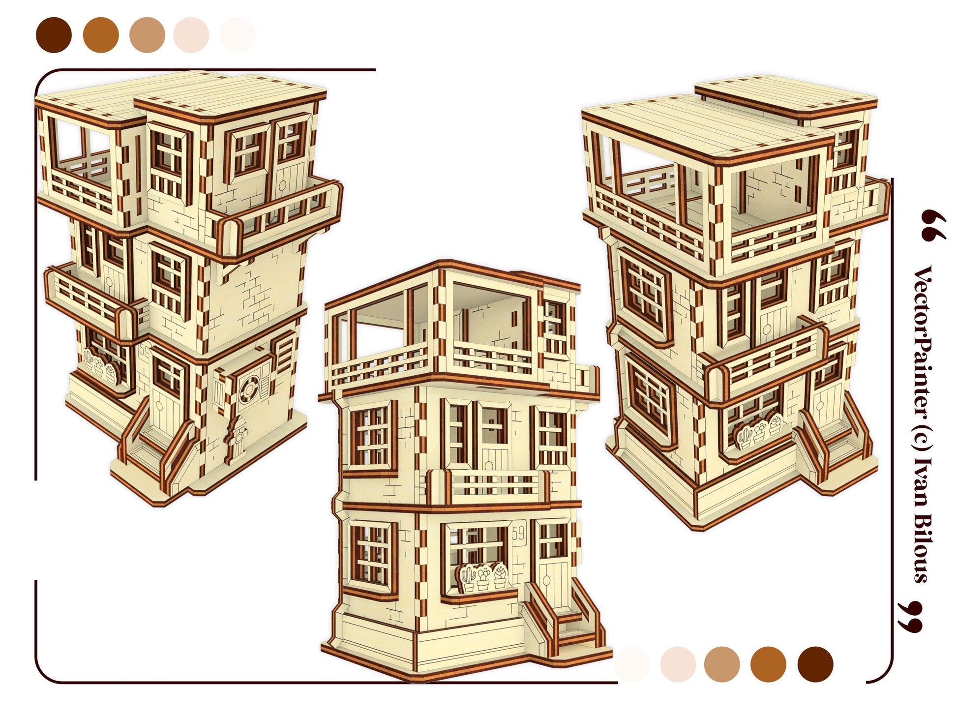 Three stacked wooden house models with balconies on a white background, designed by Vector Painter.