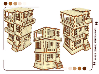 Three stacked wooden house models with balconies on a white background, designed by Vector Painter.