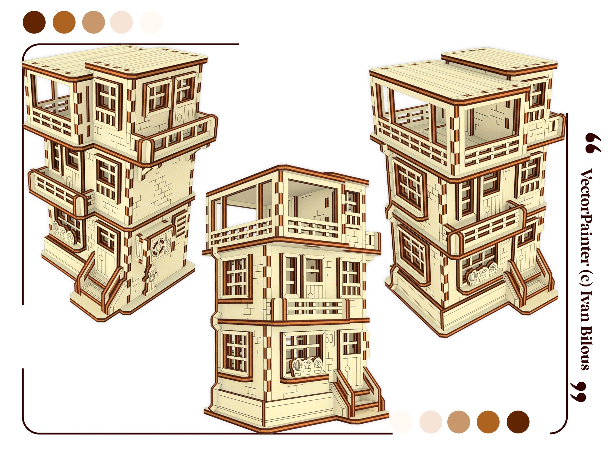 Three stacked wooden house models with balconies on a white background, designed by Vector Painter.