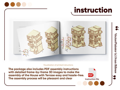 Open book showing instructions for assembling a model house with terrace, including text and PDF icon.