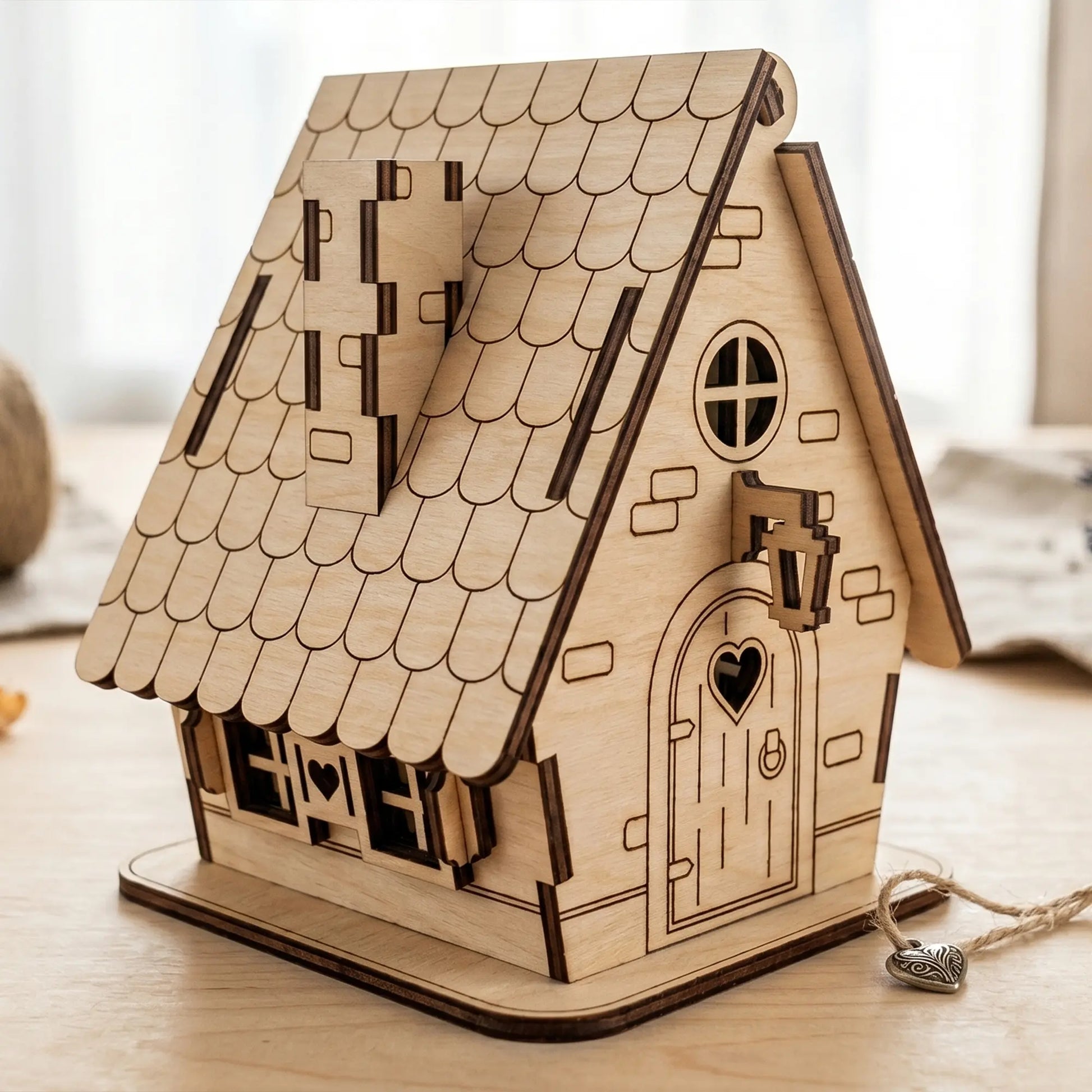 Elegant laser cut plywood souvenir house on a table next to a small jute twine string with a metallic heart charm.