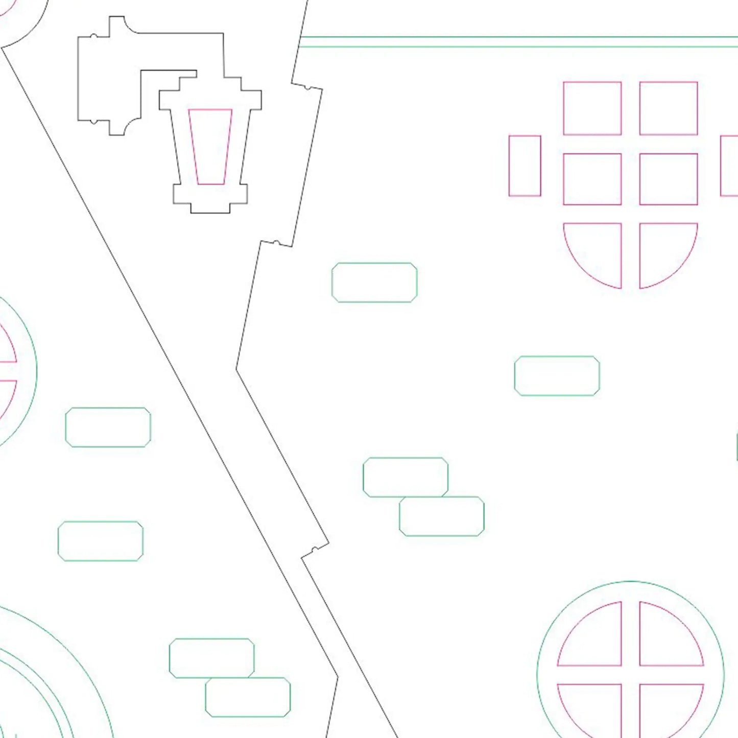 Close up of a laser cut plywood vector plan showing technical line blueprints for the toy house box parts.