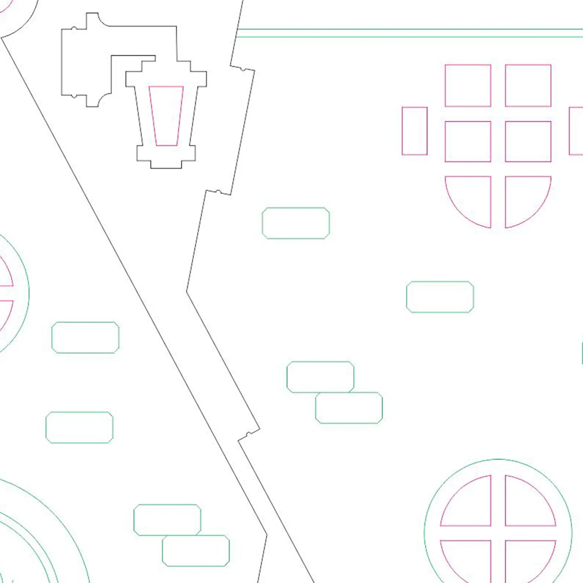 Close up of a laser cut plywood vector plan showing technical line blueprints for the toy house box parts.