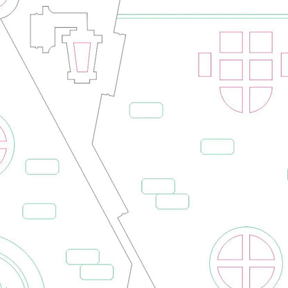 Close up of a laser cut plywood vector plan showing technical line blueprints for the toy house box parts.