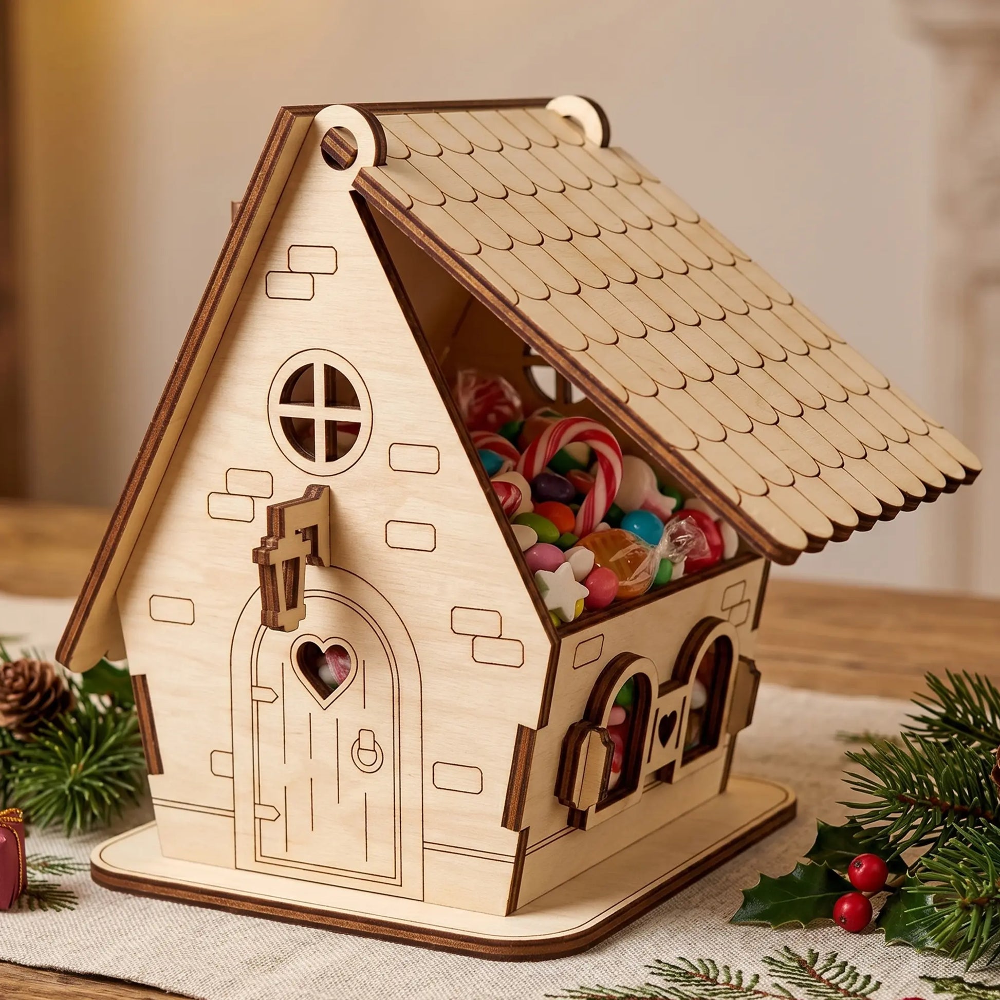 A laser cut plewood toy house with a tiled roof, decorated with Christmas ornaments and surrounded by pine branches and berries.