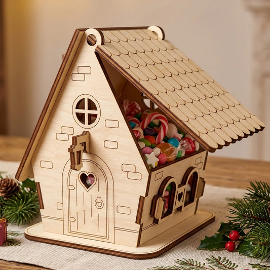 A laser cut plewood toy house with a tiled roof, decorated with Christmas ornaments and surrounded by pine branches and berries.