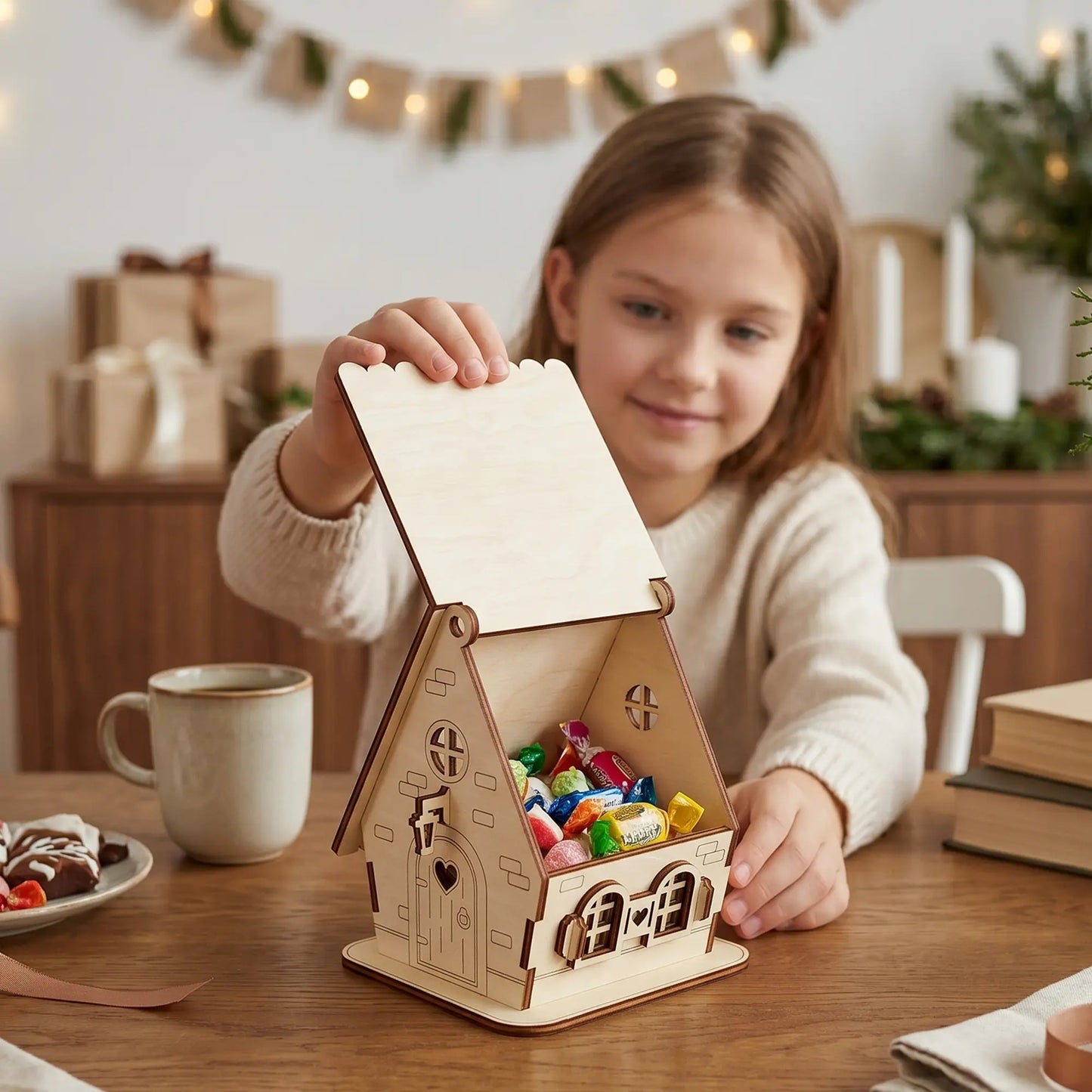 Smiling girl opening the roof of a laser cut plywood house filled with colorful candies on a cozy wooden table.