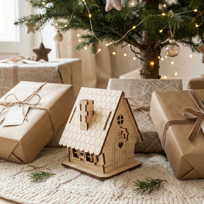 Laser cut plywood miniature house on a white knit rug, surrounded by brown paper wrapped gifts under a Christmas tree.