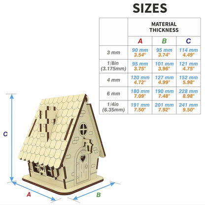 Sizing chart table for a laser cut plywood house template, detailing dimensions based on material thickness.