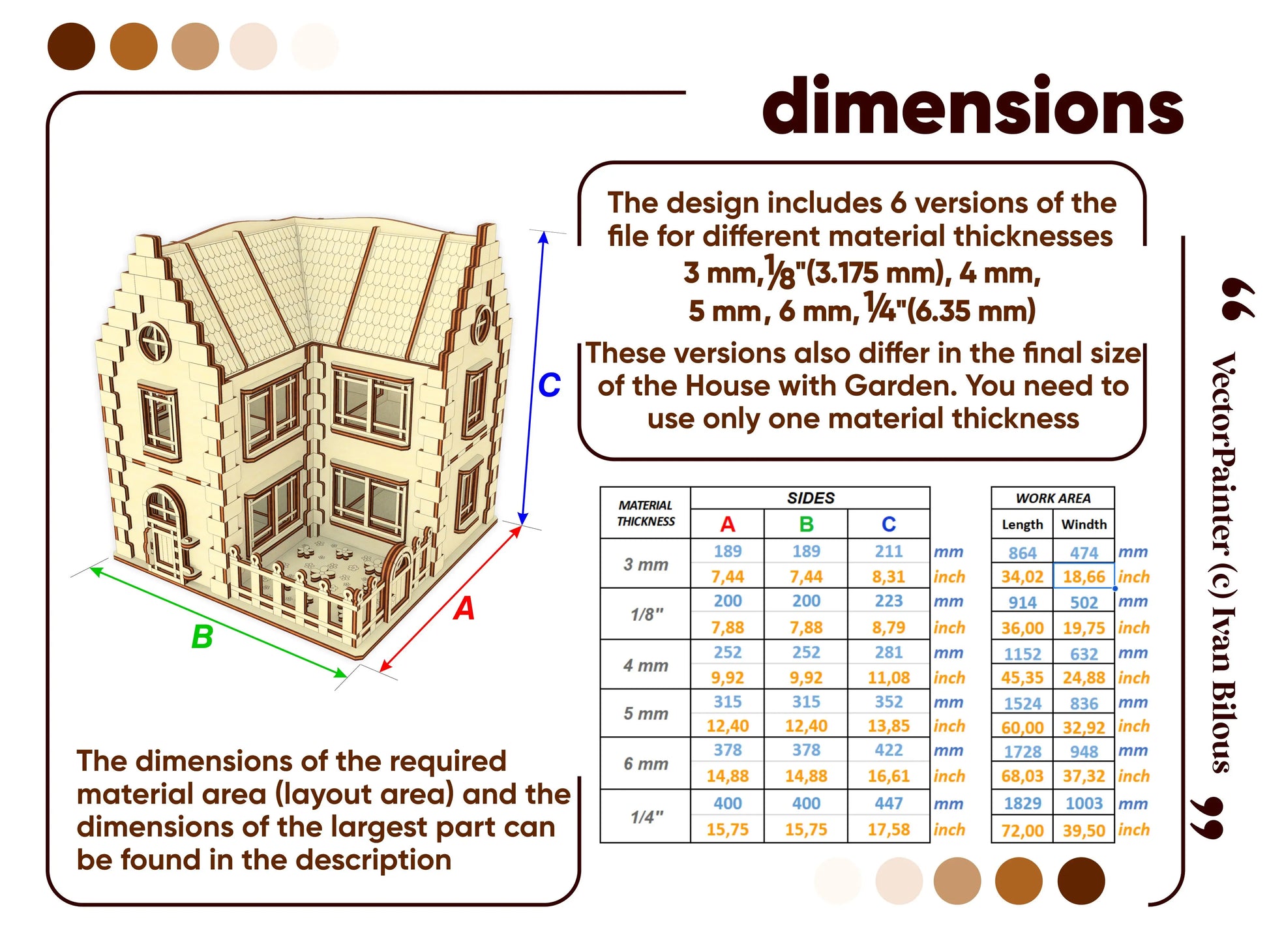 Infographic chart displaying a detailed size table for six different material thicknesses of a laser cut plywood dollhouse.