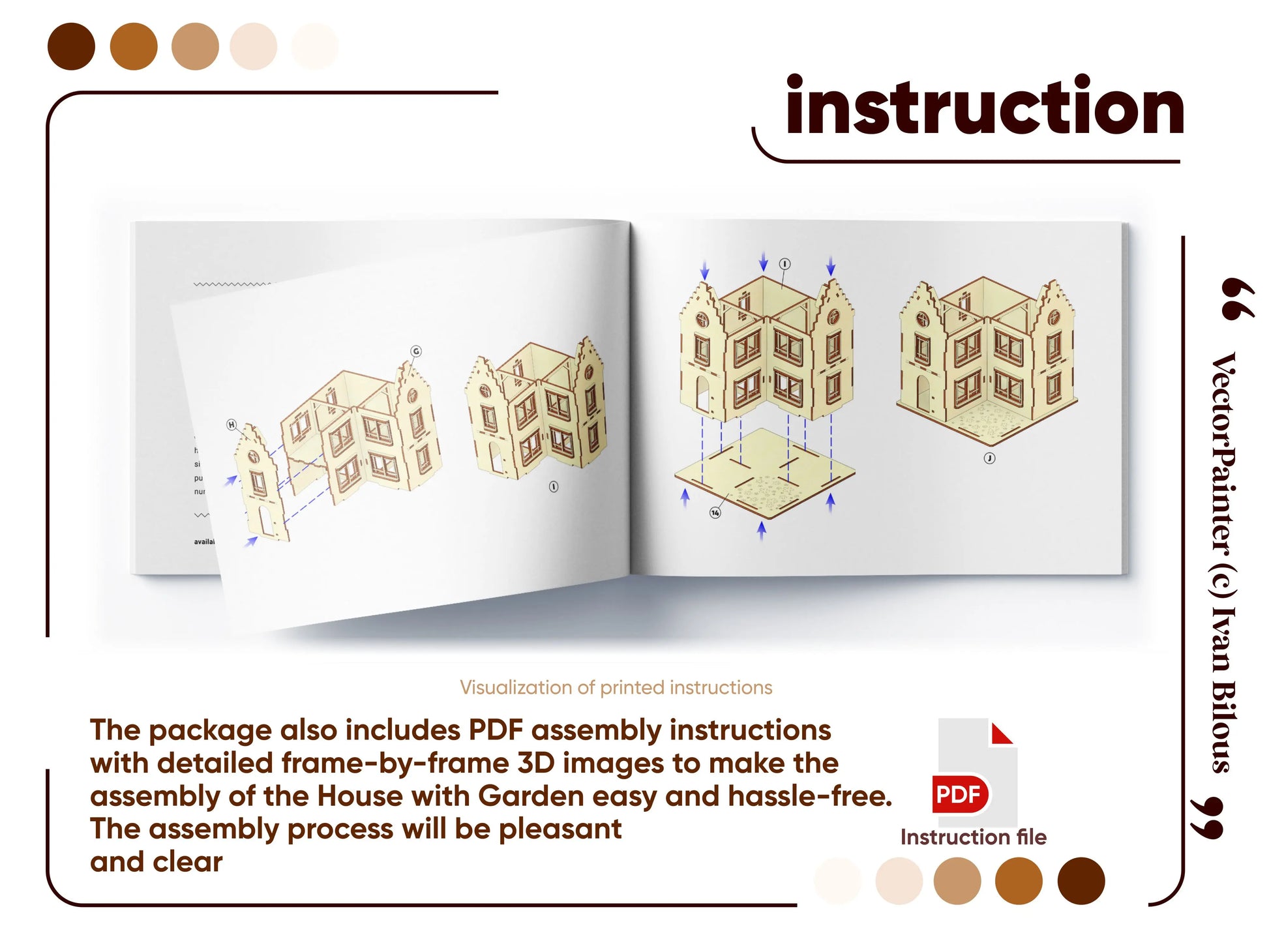 Graphic layout of an open PDF assembly instruction book with 3D step-by-step diagrams for a laser cut plywood dollhouse kit.