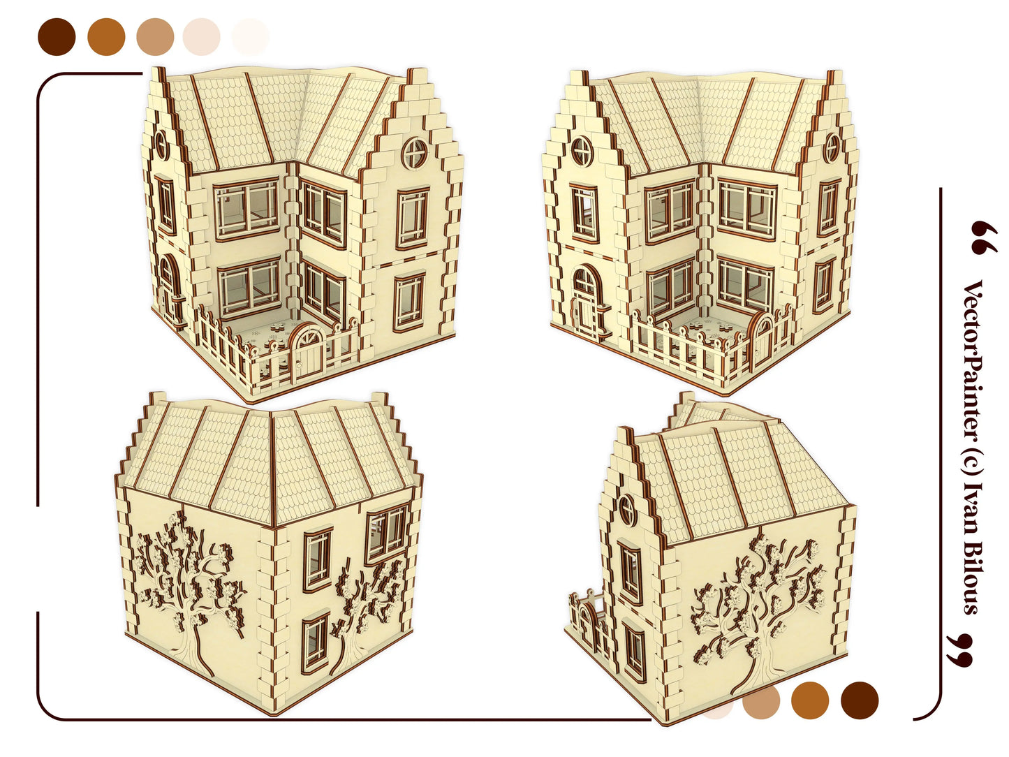 Four multi-angle 3D render views showing the front, back, and engraved sides of the laser cut plywood miniature dollhouse.