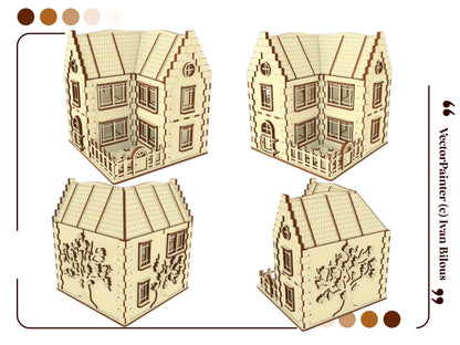 Four multi-angle 3D render views showing the front, back, and engraved sides of the laser cut plywood miniature dollhouse.