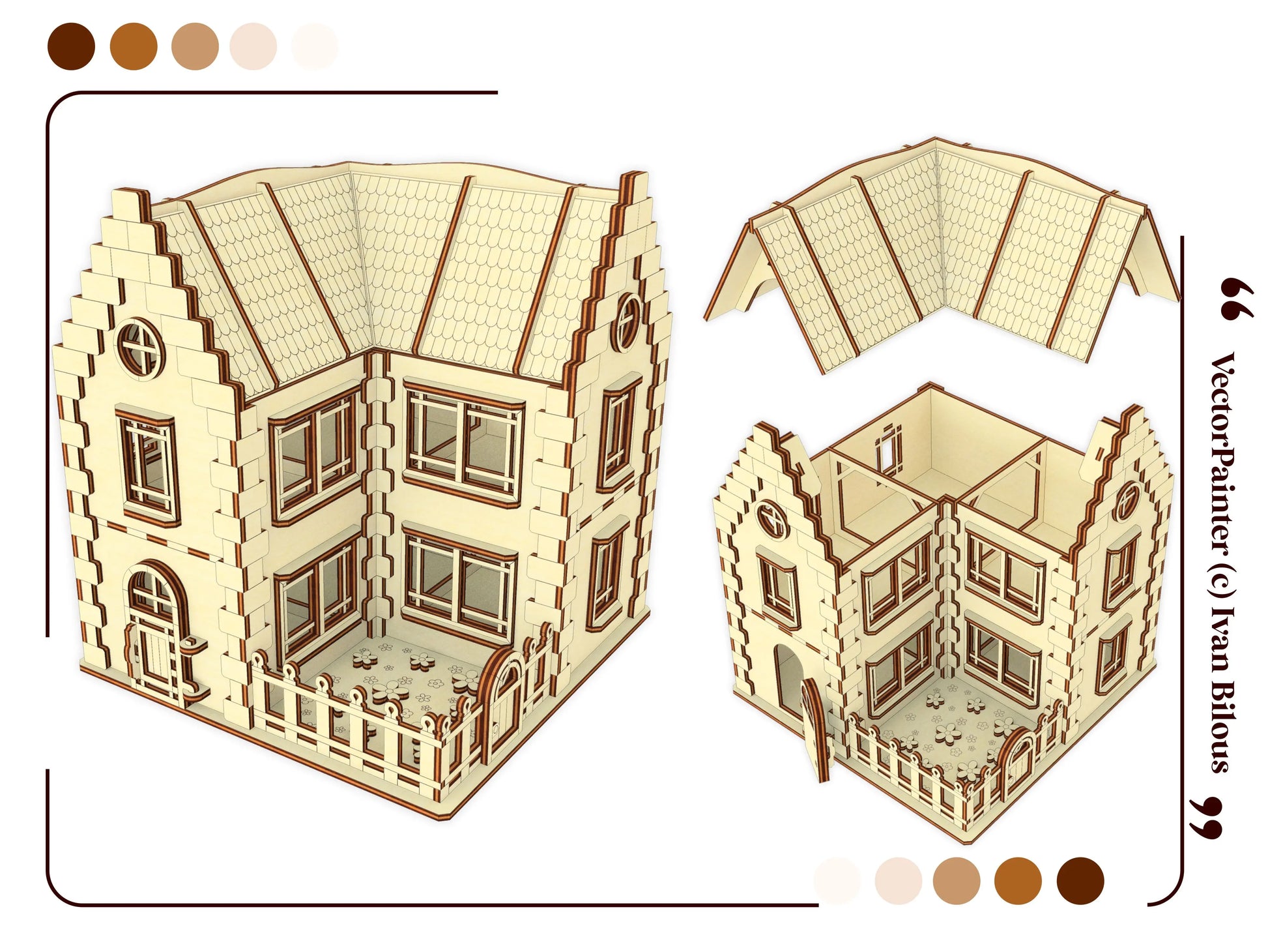 Exploded 3D graphic view showing how the roof detaches to reveal internal room walls of the laser cut plywood dollhouse.