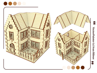 Exploded 3D graphic view showing how the roof detaches to reveal internal room walls of the laser cut plywood dollhouse.