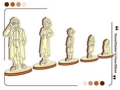Five miniature wooden family figurines with a dog on oval bases, designed as part of a laser cut plywood dollhouse project.