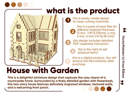 Infographic listing product features and instant digital file details for a laser cut plywood miniature country dollhouse.