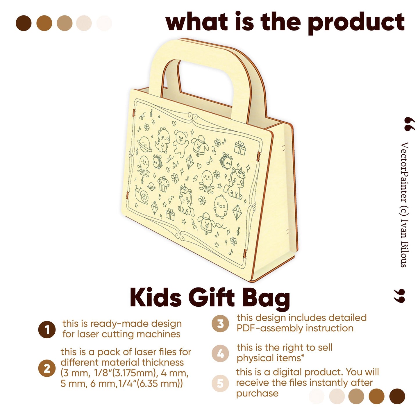 Digital design of a Kids Gift Bag for laser cut plywood. Includes multiple file versions and assembly instructions.