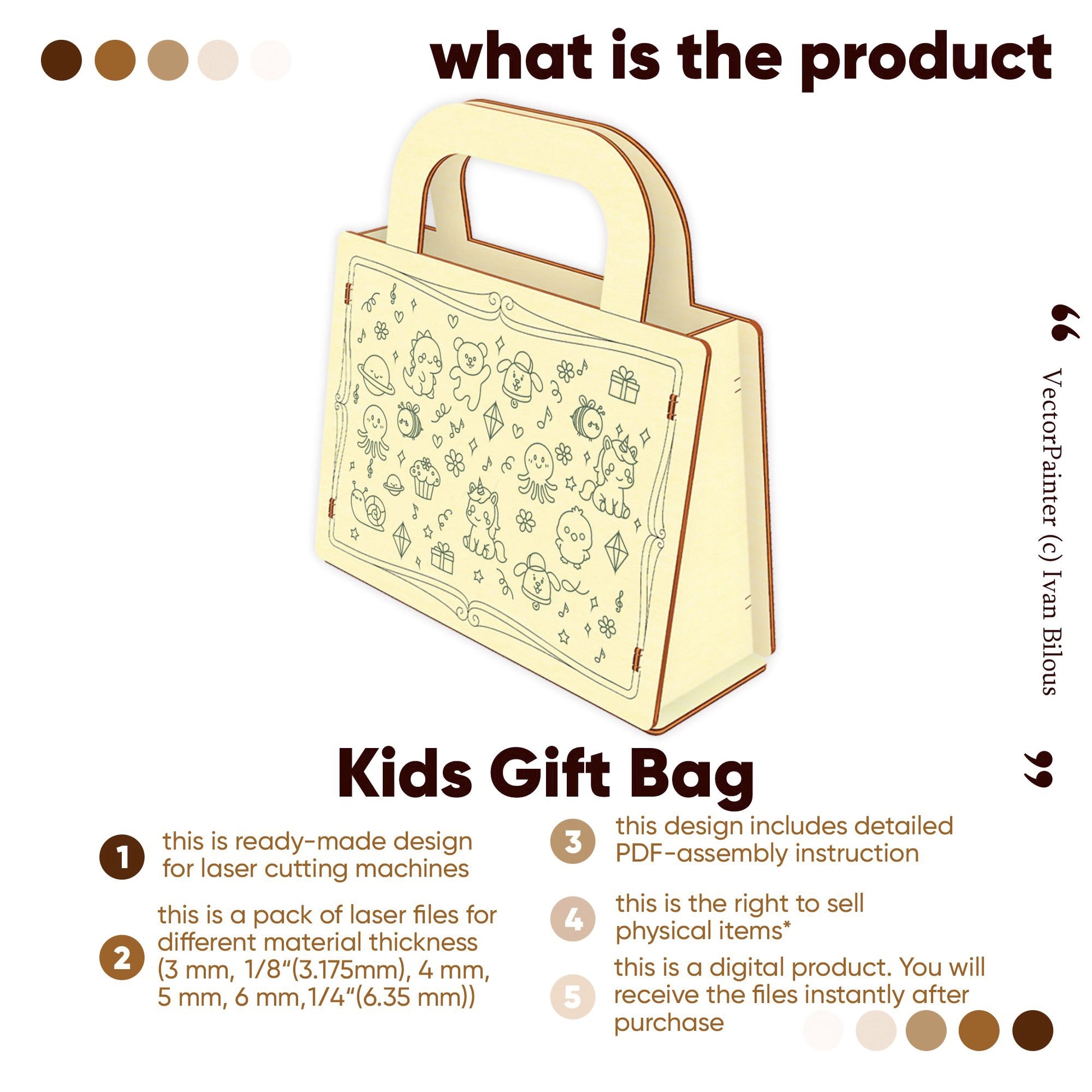 Digital design of a Kids Gift Bag for laser cut plywood. Includes multiple file versions and assembly instructions.
