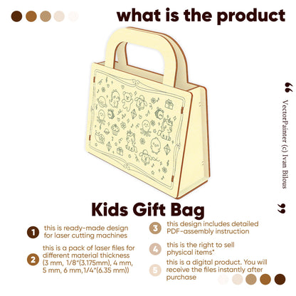 Digital design of a Kids Gift Bag for laser cut plywood. Includes multiple file versions and assembly instructions.