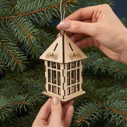 Hands hold laser cut plywood pagoda lantern ornament with lattice sides showing scale by pine branches