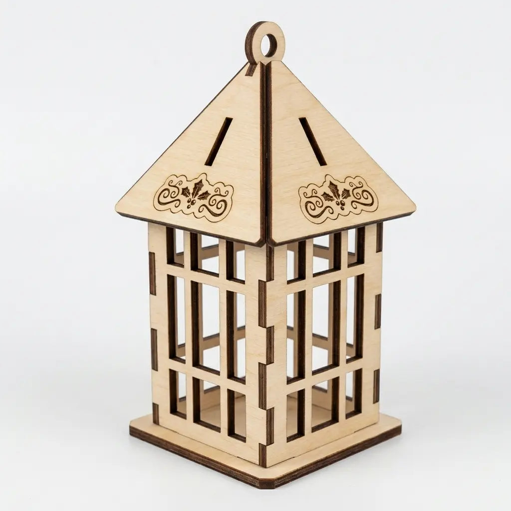 Freestanding laser cut plywood holiday lantern ornament featuring window grille panels isolated on white.
