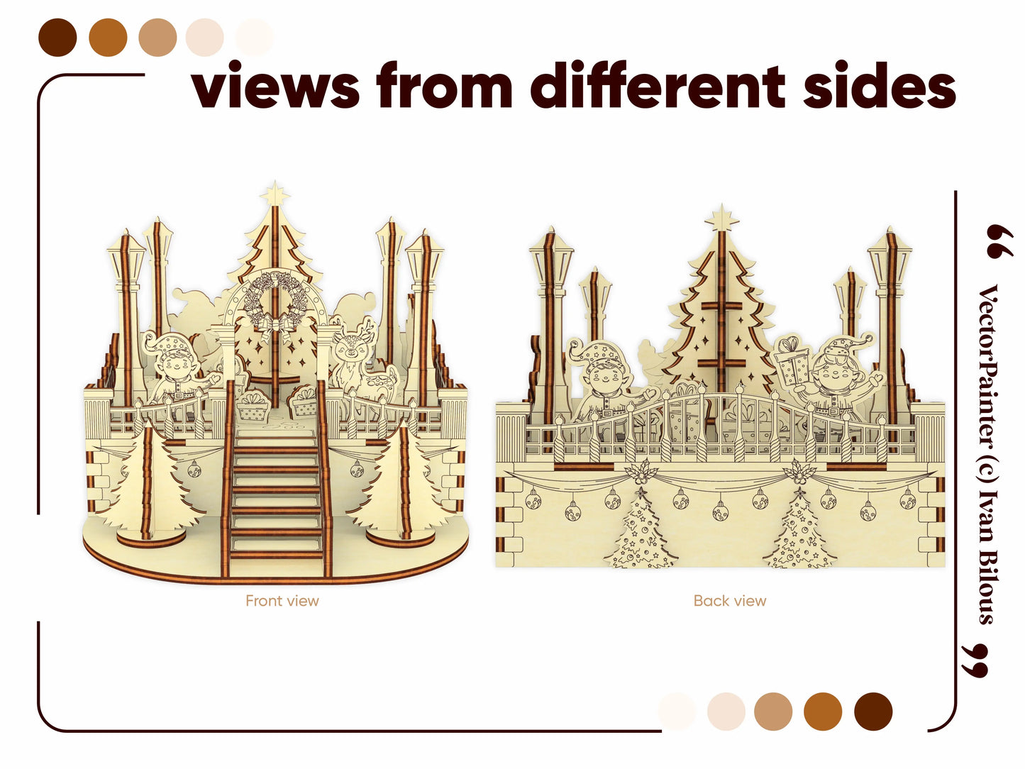 Front and back architectural views of the festive winter town model, crafted from layered laser cut plywood sheets.