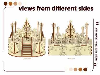 Front and back architectural views of the festive winter town model, crafted from layered laser cut plywood sheets.