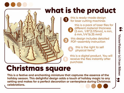Commercial flyer detailing the digital vectors product for building a festive laser cut plywood miniature village.