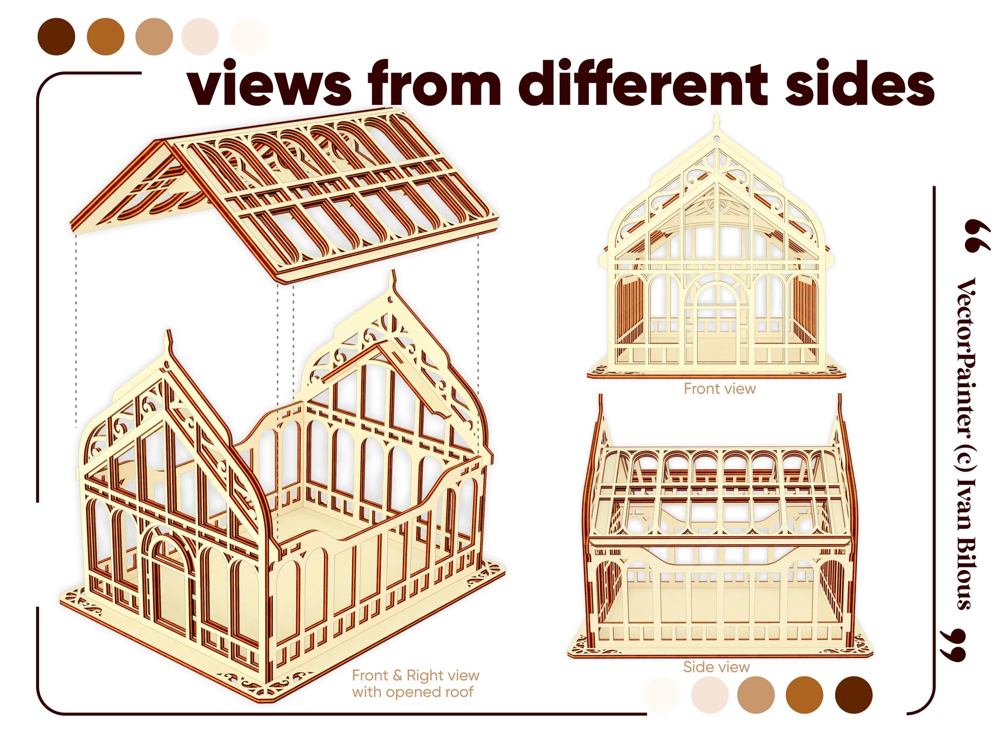 Diagrams of a laser cut plywood Victorian greenhouse showing front, side, and isometric views with an open roof.